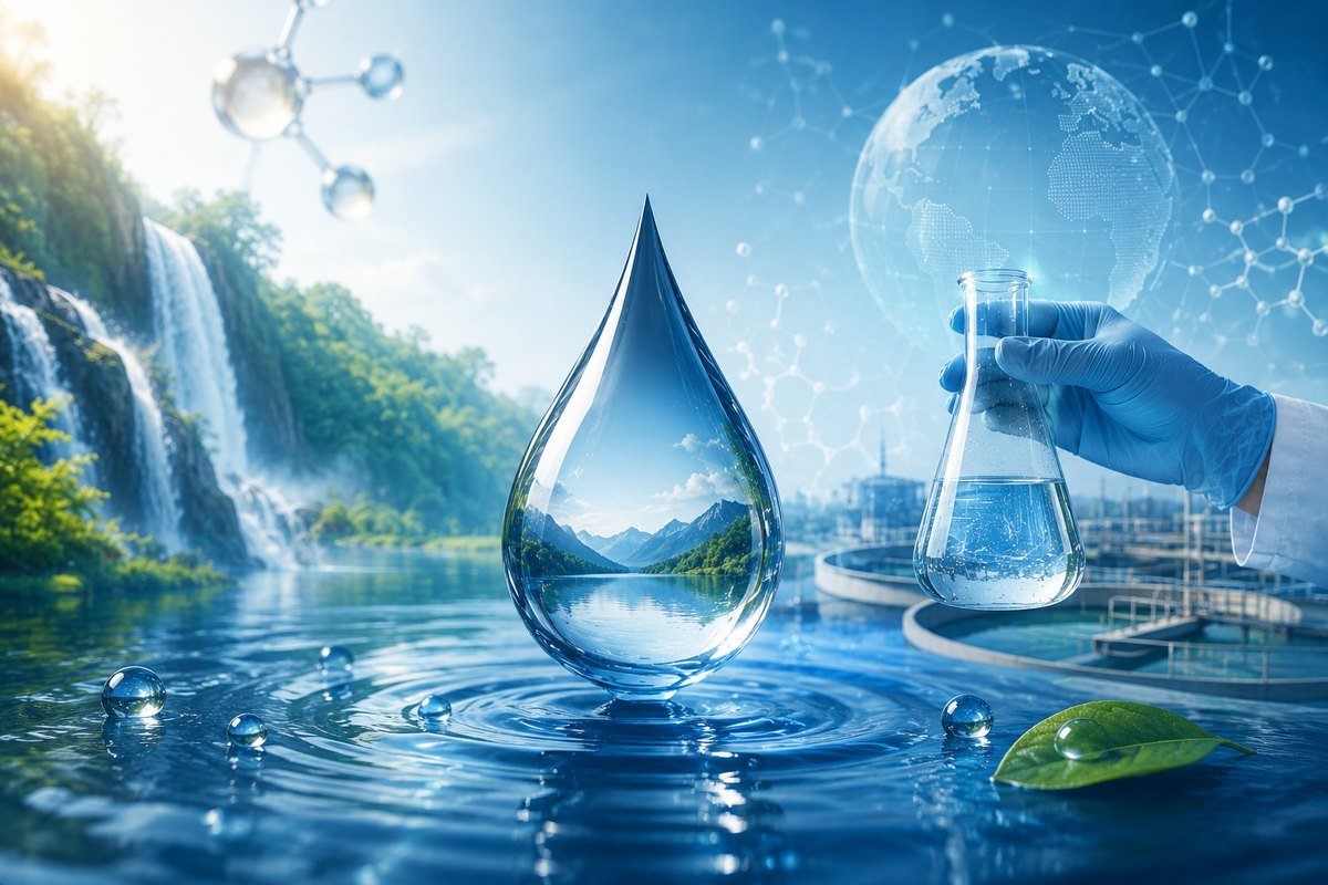 Goutte d'eau réfléchissant un paysage préservé, avec station de traitement et analyse en laboratoire