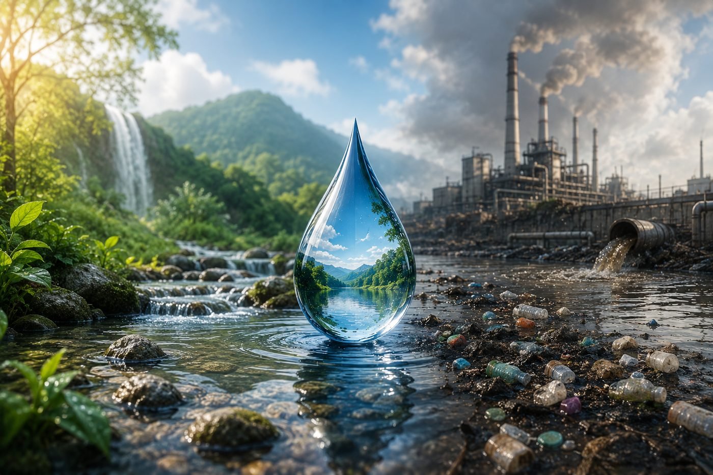 Un cours d'eau préservé d'un côté, un site industriel polluant de l'autre, séparés par une goutte d'eau